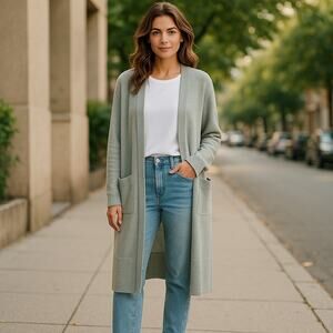 Womens Korean Designer Long Sheer Knit Open Cardigan Mint Green Blue Medium